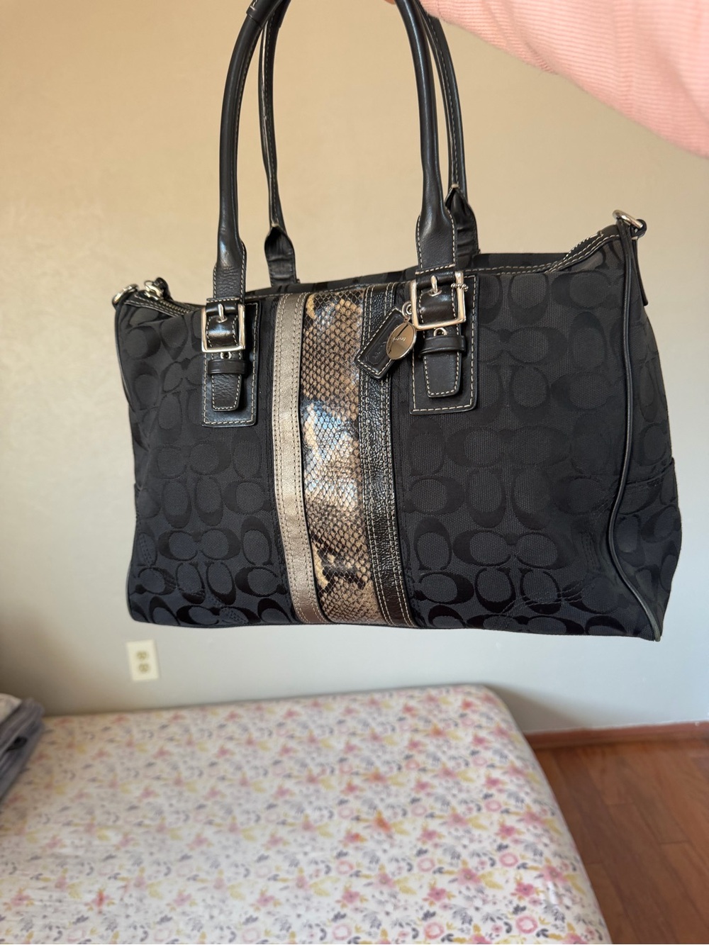 Coach Black Tote with Metallic Snake-Print Center Stripe